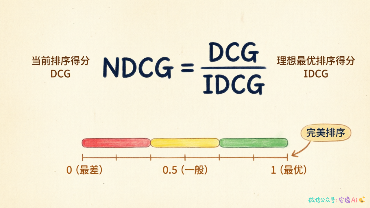 NDCG归一化原理图,展示当前得分除以理想最优得分的结果范围(0~1)
