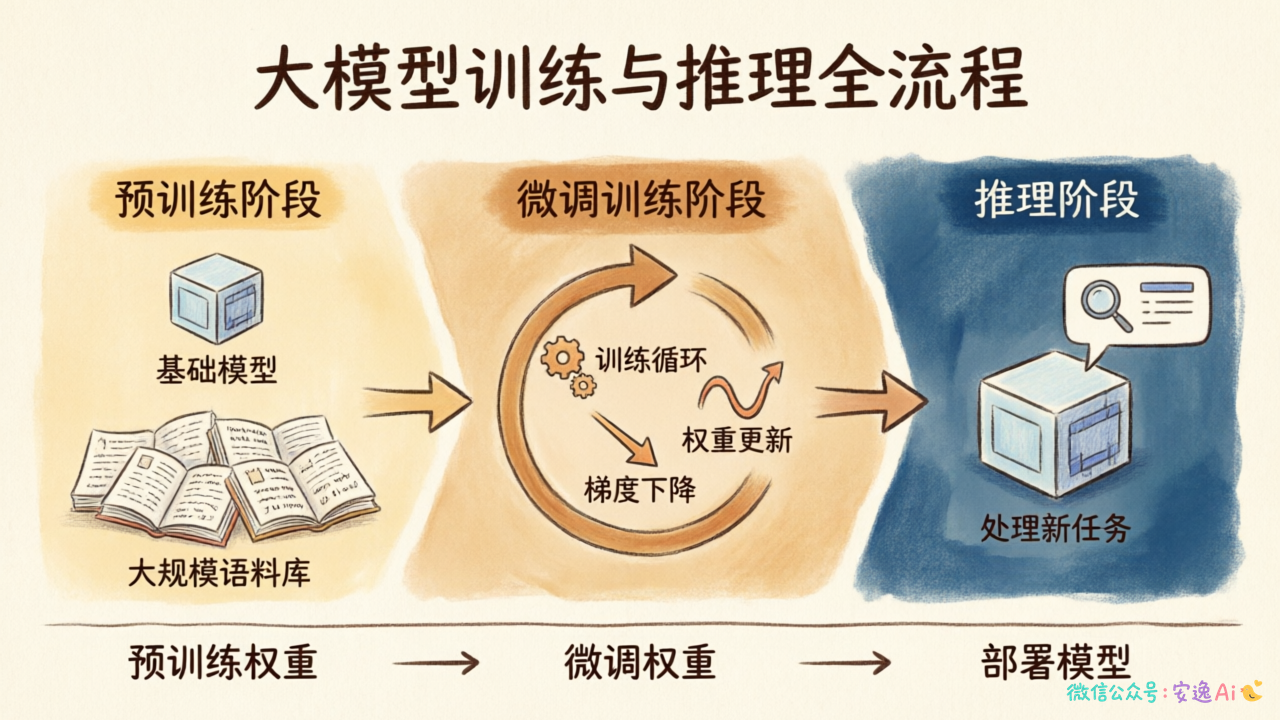 微调训练流程图,展示预训练→微调训练→推理的完整过程,含权重更新示意