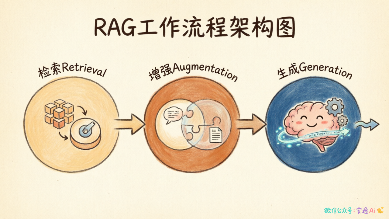 RAG工作流程架构图,展示检索→增强→生成三阶段,含向量数据库和LLM组件