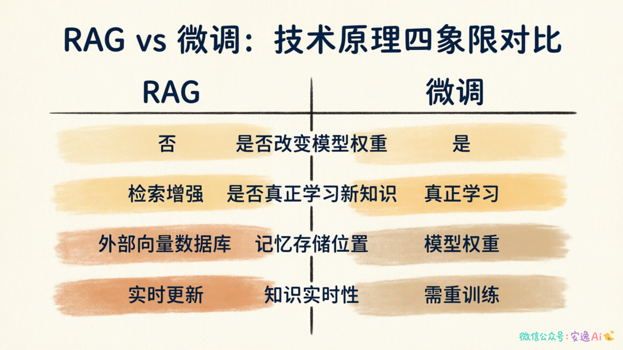 RAG vs 微调核心区别对比图,四象限对比是否改变模型、是否真正学习、记忆位置、实时性