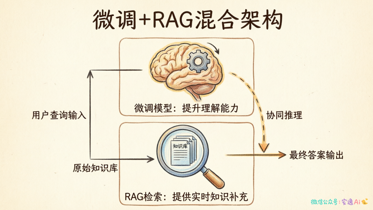 RAG与微调混合架构图,展示微调模型+RAG检索的协同工作方式