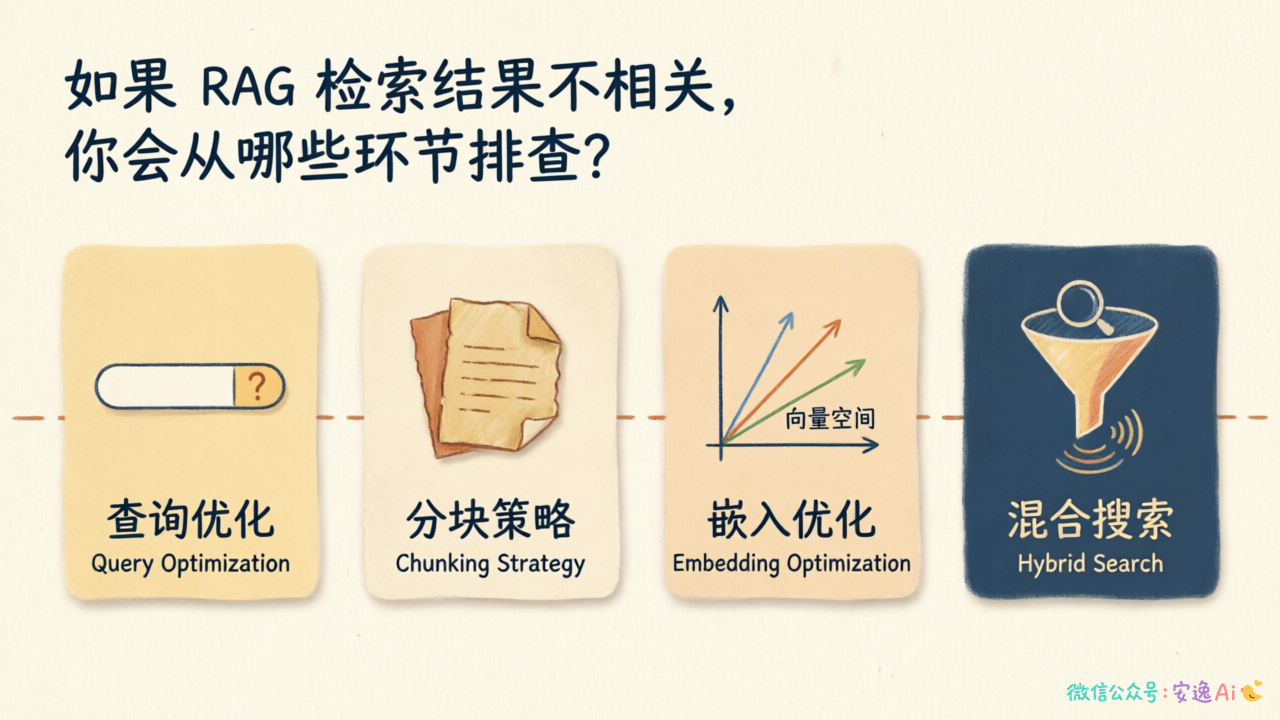 检索四环节排查图,展示查询优化、分块策略、嵌入优化、混合搜索的并列关系