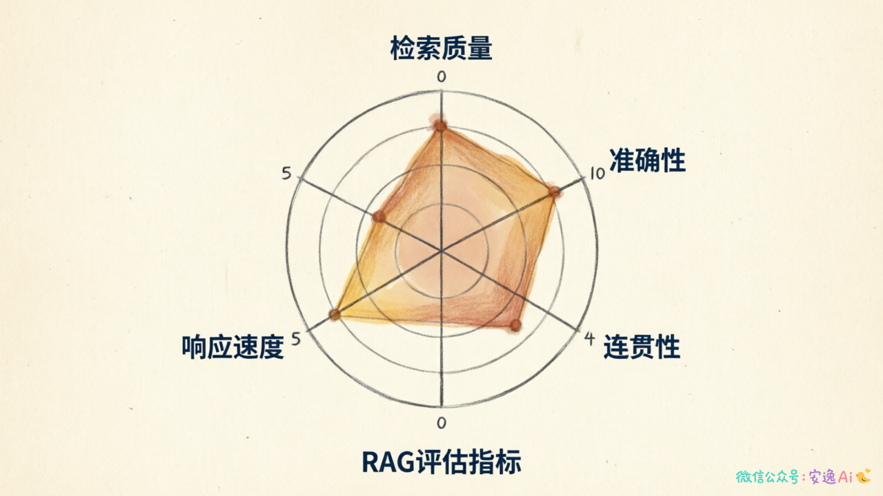 RAG评估指标雷达图,涵盖检索质量、准确性、连贯性、响应速度四个维度