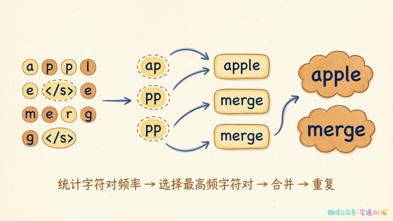 BPE算法从单个字符逐步合并成Token的完整流程图