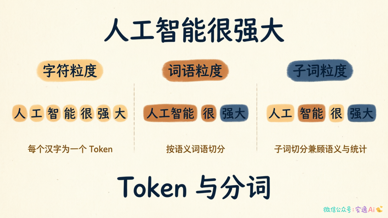 "人工智能很强大"这句话的三种不同粒度切分方式对比图
