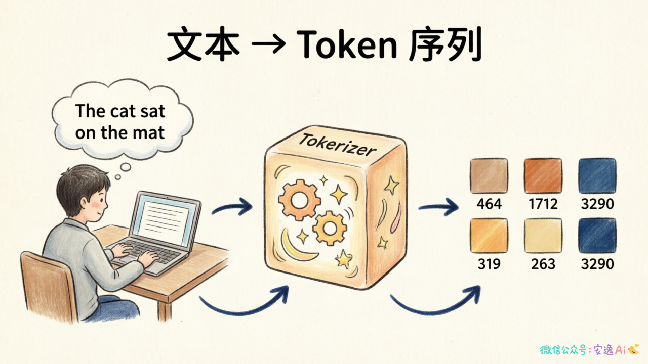用户输入文本经过Tokenizer转换为Token序列的流程图