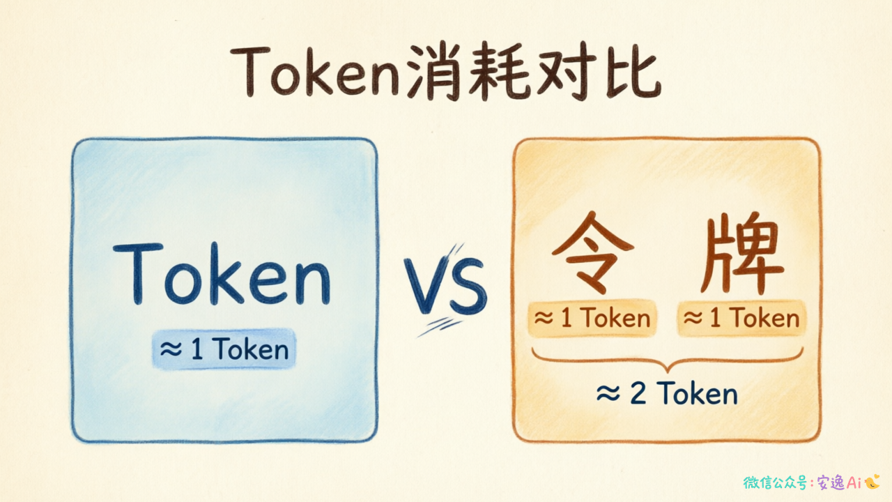 中英文Token消耗差异的对比示例图，如"Token"≈1Token vs "令牌"≈2Token