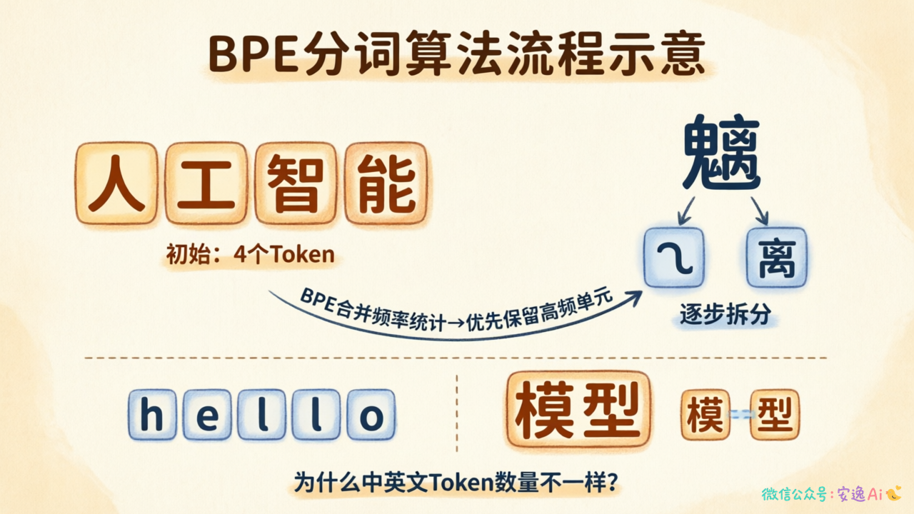 BPE分词算法流程图,展示高频词保留、低频汉字被逐步拆分成字节的过程