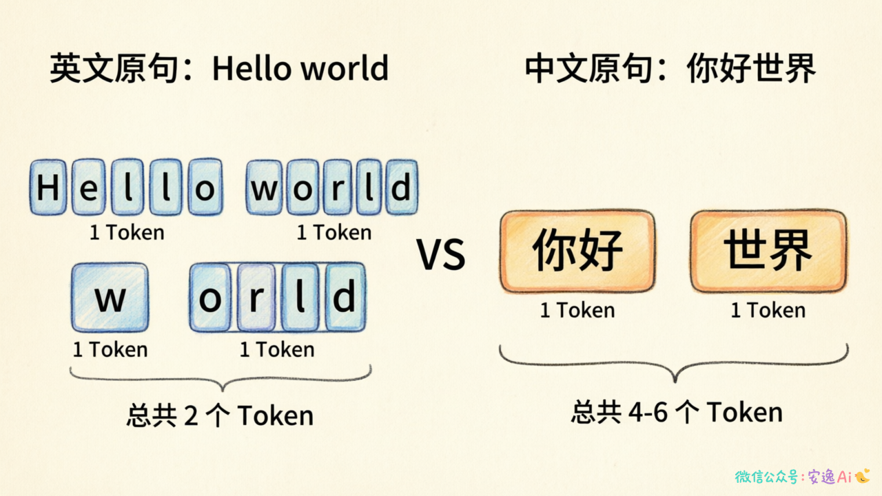 英文"Hello world"切分成2个Token vs 中文"你好世界"切分成4-6个Token的对比示意图