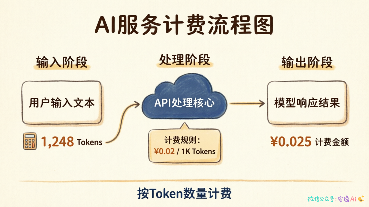 API计费机制流程图,展示输入→处理→输出三阶段及对应计费