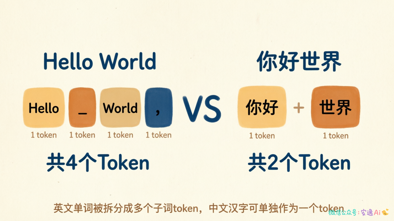 Token计量对比图,展示"Hello World"和"你好世界"的Token分割方式