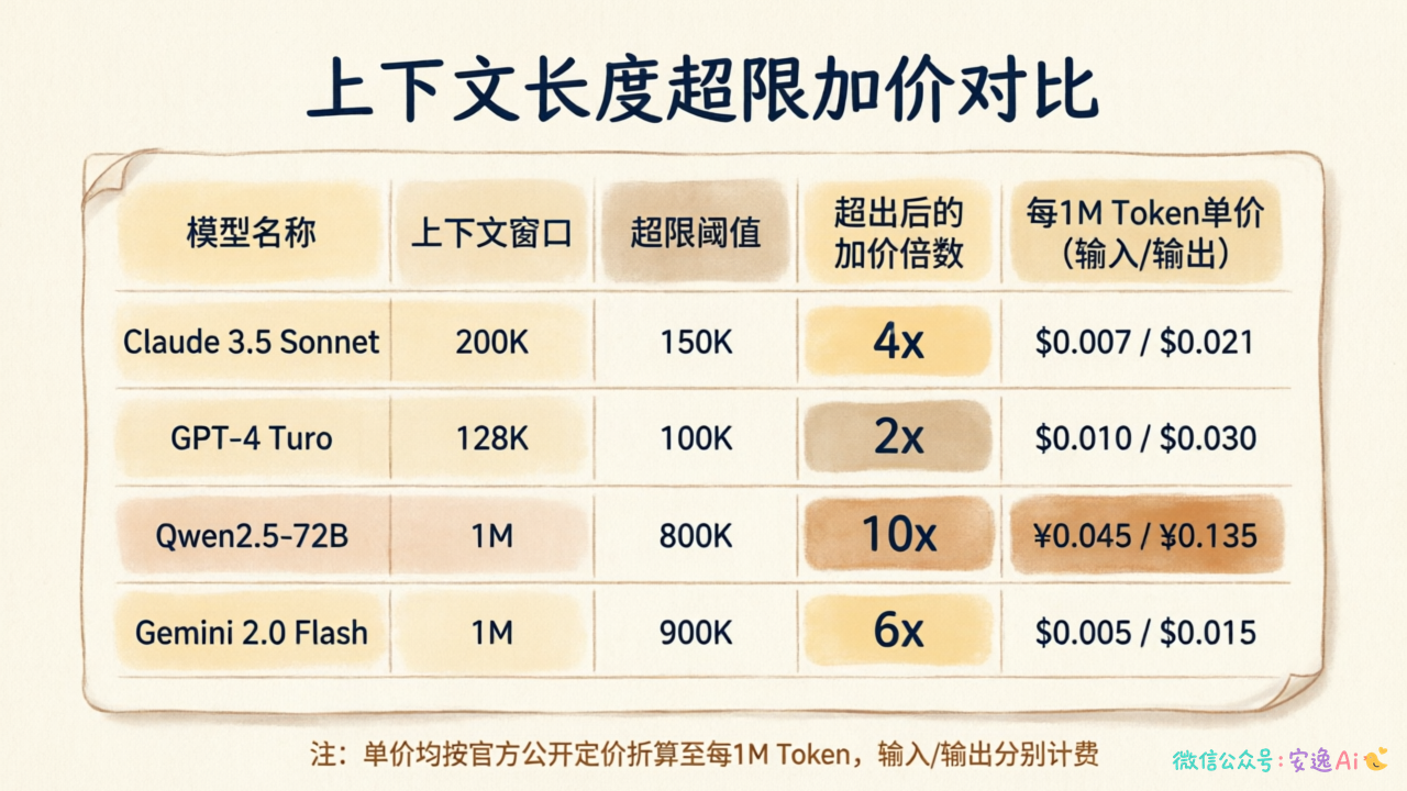 长上下文加价对比表,展示不同厂商的阈值和加价倍数