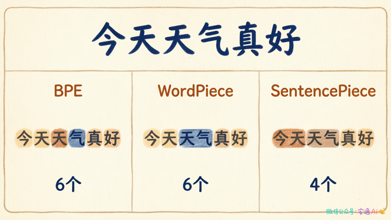 同一中文句子"今天天气真好"被BPE、WordPiece、SentencePiece三种分词器切分成不同Token数量的可视化对比