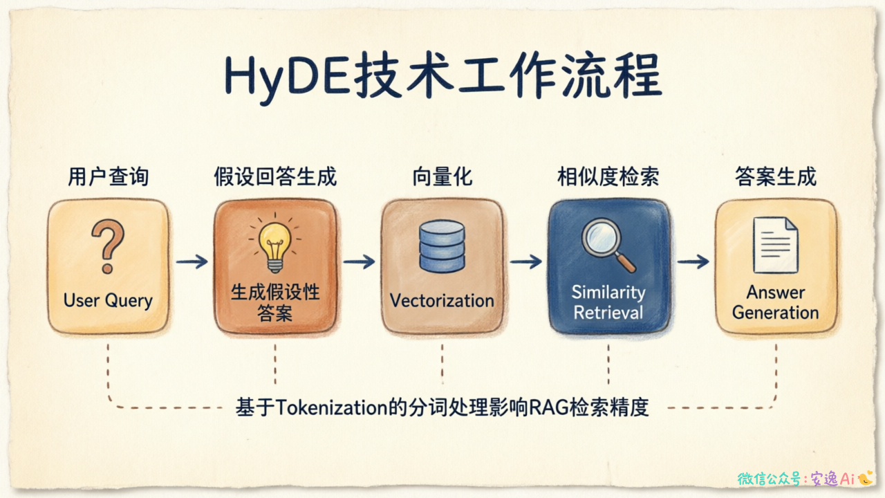 HyDE技术工作流程图,展示用户查询→假设回答生成→向量化→相似度检索→答案生成的完整链路