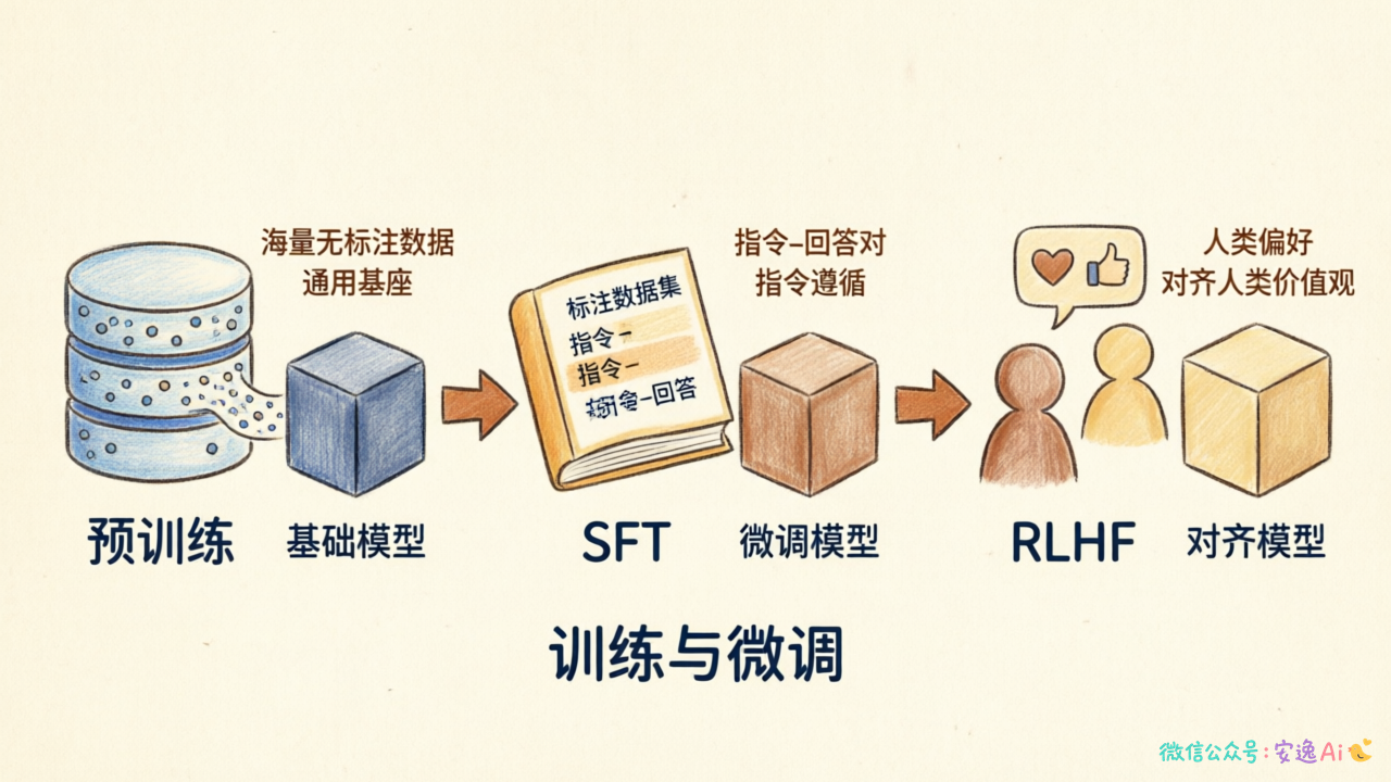 训练三部曲示意图,清晰展示预训练→SFT→RLHF的递进关系,每个阶段的数据类型和产出模型特点