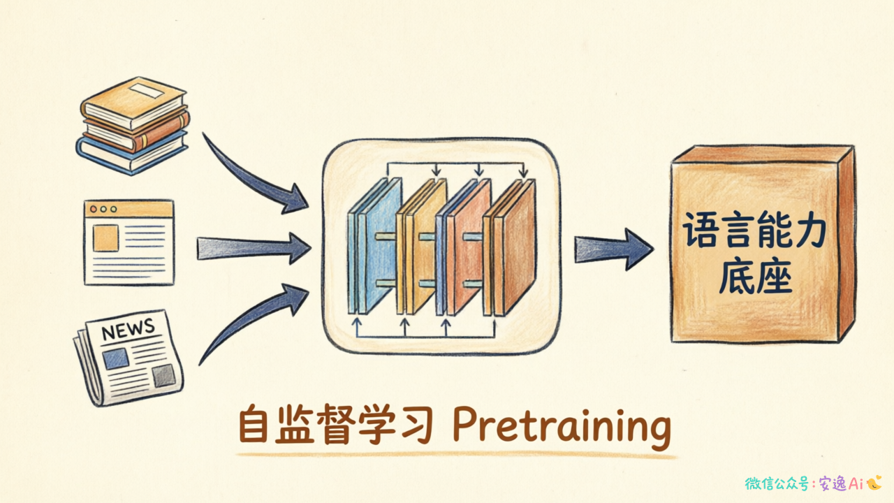 预训练阶段示意图,左侧是海量无标注文本(书籍、网页、新闻),中间是大模型,右侧是"语言能力底座",体现数据到能力转化