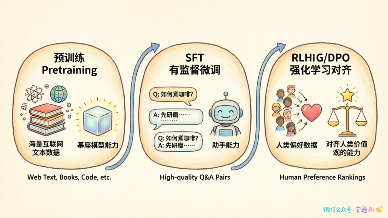大模型训练三阶段完整流程图,展示预训练→SFT→RLHF/DPO的顺序关系,标注每个阶段的输入数据和输出能力