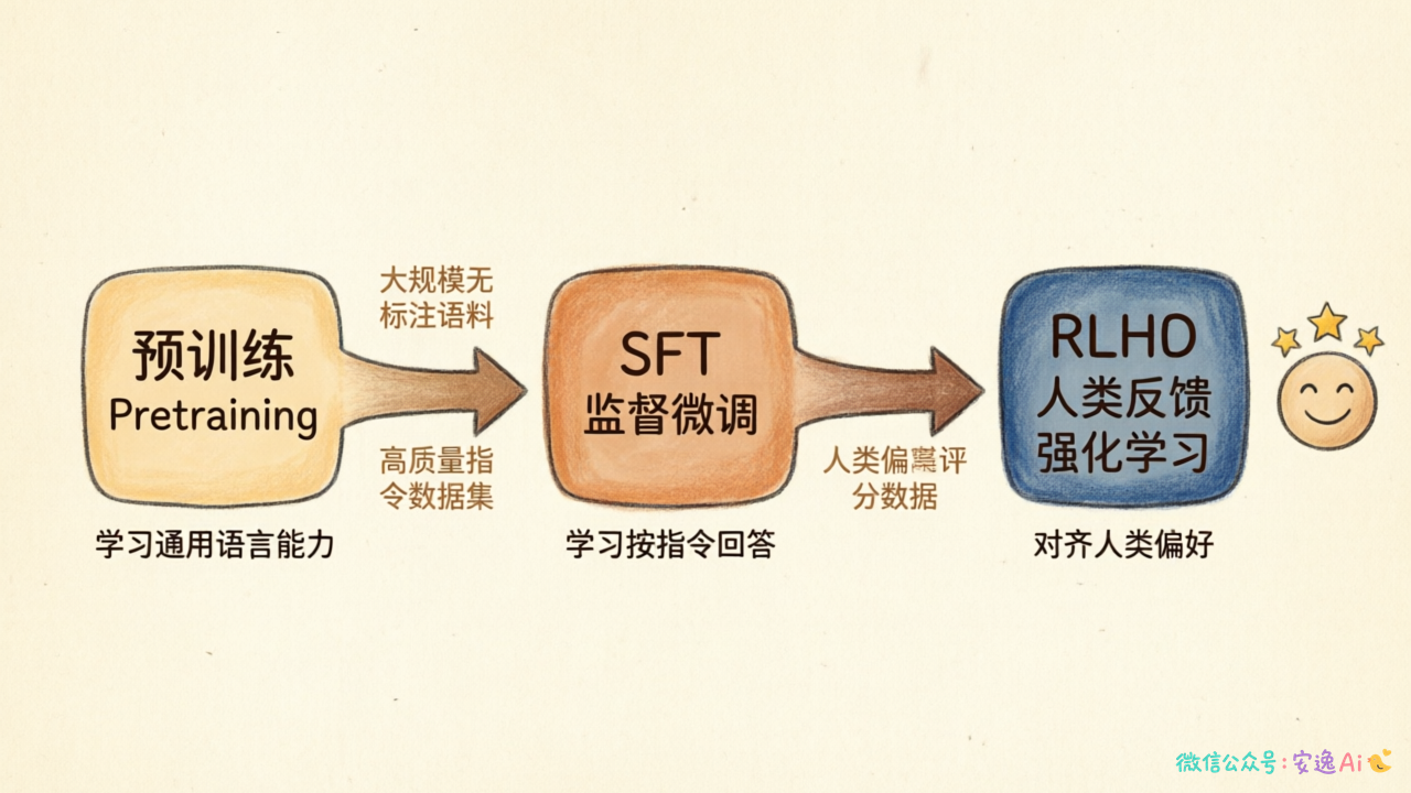 LLM训练完整流程图,展示预训练、SFT、RLHF三个阶段的位置关系和目标