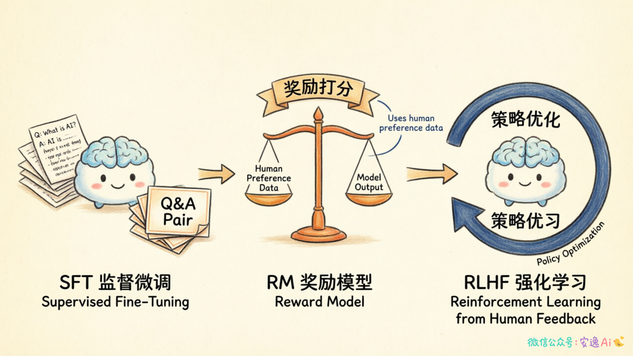 LLM对齐完整流程图,展示SFT→RM→RLHF的递进关系