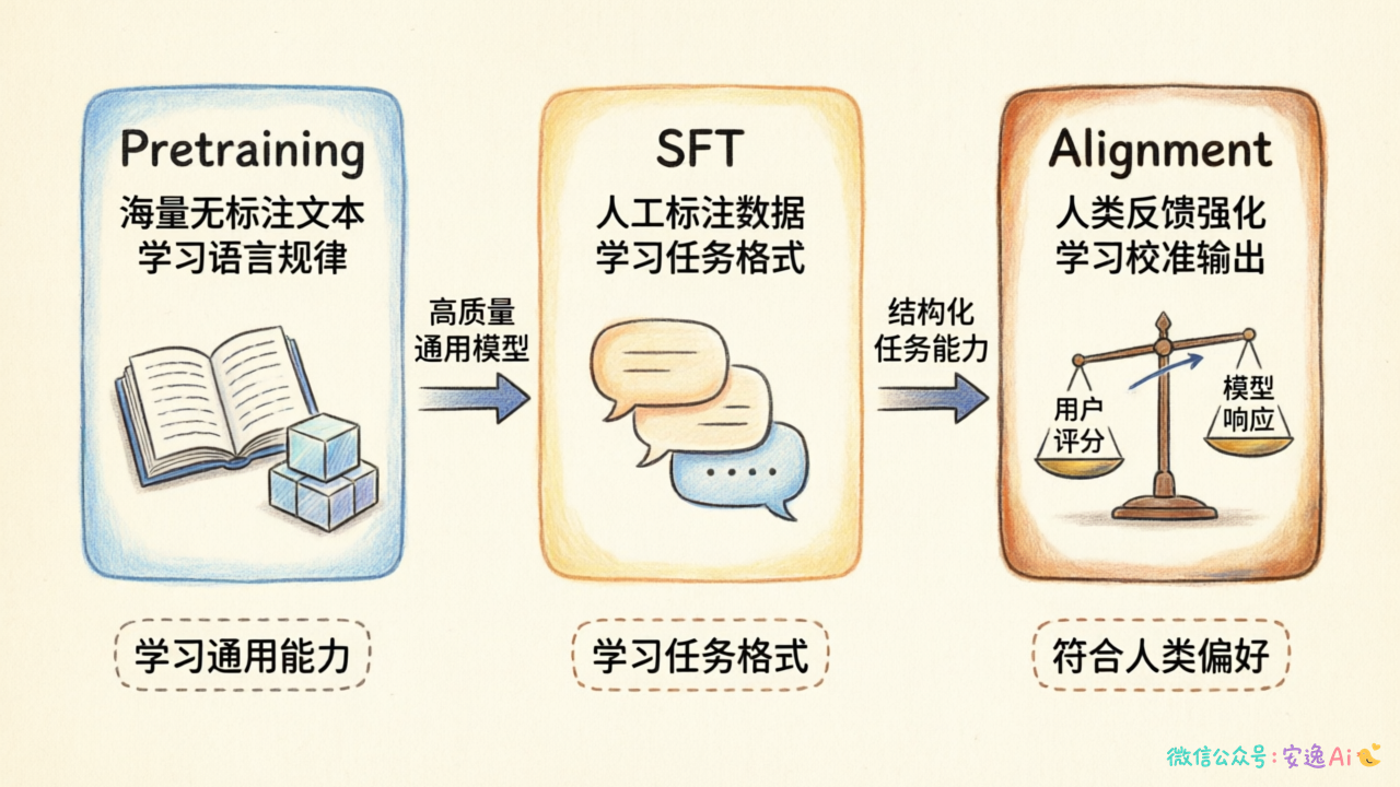 大模型训练三阶段流程图,展示 Pretraining → SFT → Alignment 的递进关系