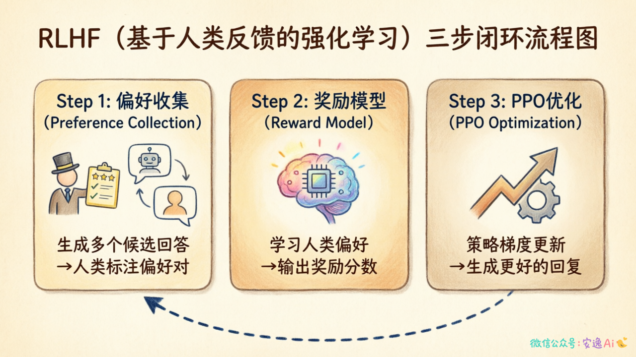RLHF完整流程图,展示偏好收集→奖励模型→PPO优化的三步闭环