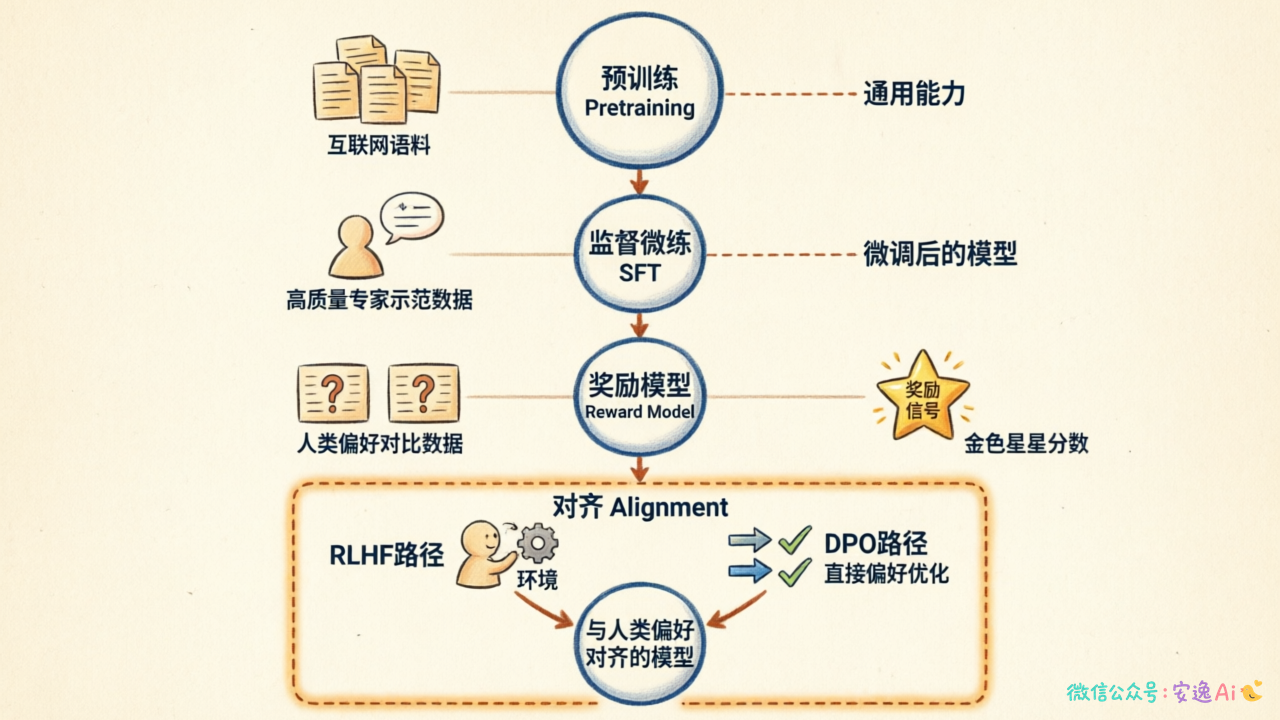 偏好对齐在大模型训练中的位置图,展示预训练→微调→对齐的完整技术栈