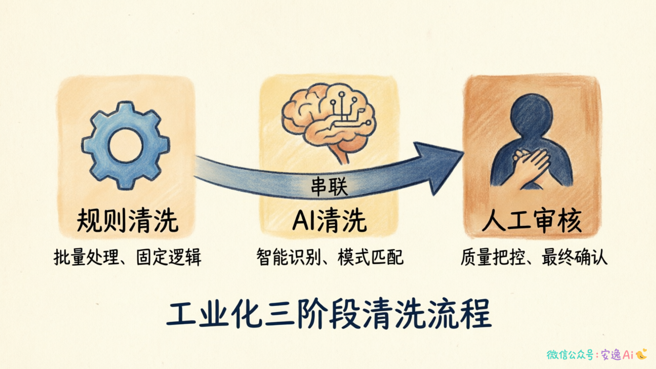 工业化三阶段清洗流程图,规则清洗→AI清洗→人工审核三级串联