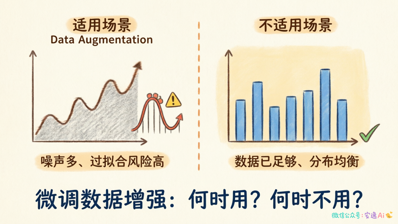 数据增强适用与不适用场景对比图,左侧适用场景(噪声多、过拟合风险),右侧不适用场景(数据已足够)