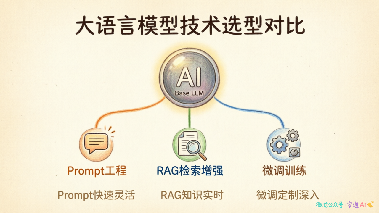 三种技术实现方式的对比架构图,展示基础模型与三种增强方式的关系