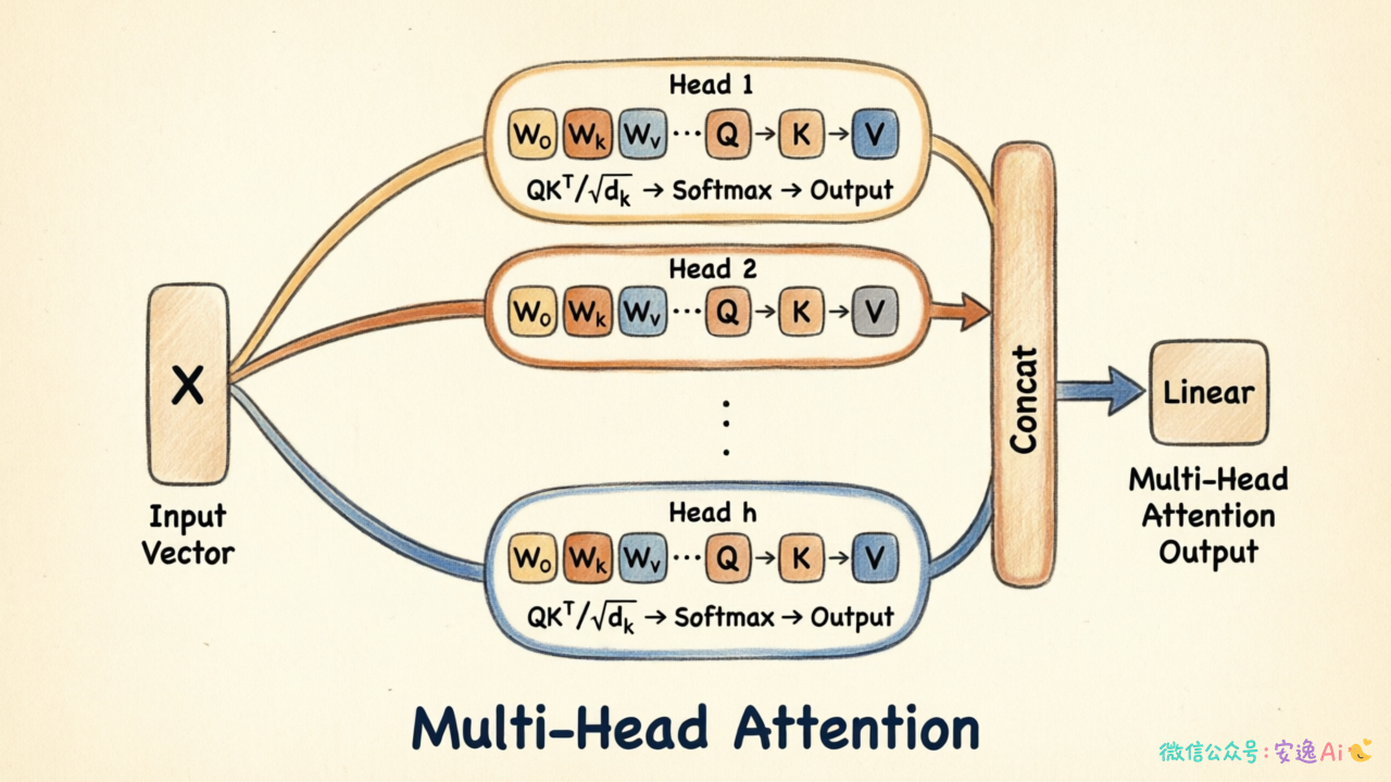 Multi-Head Attention结构图,展示多个注意力头并行计算