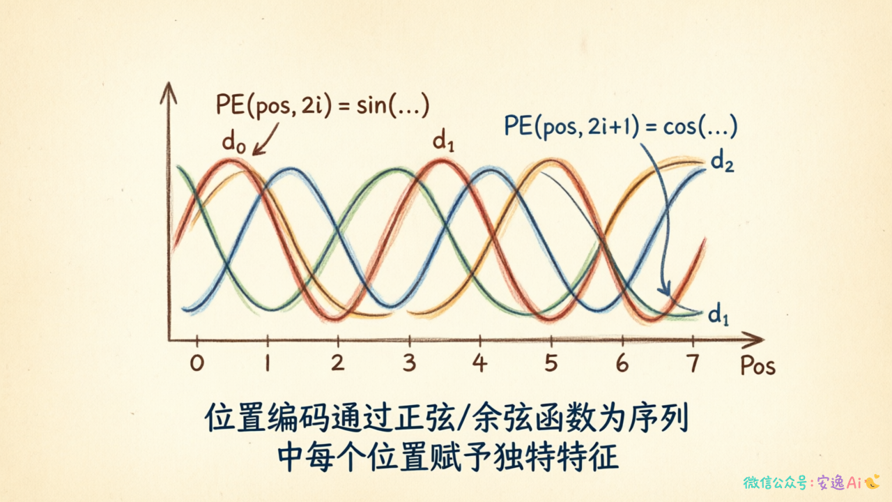 位置编码的sinusoidal波形示意图,不同位置的特征分布