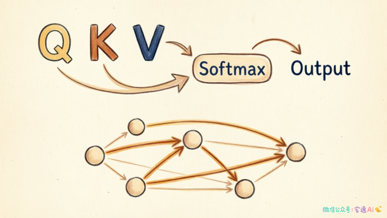 自注意力机制中 Query-Key-Value 矩阵运算流程,展示词与词之间注意力分数计算