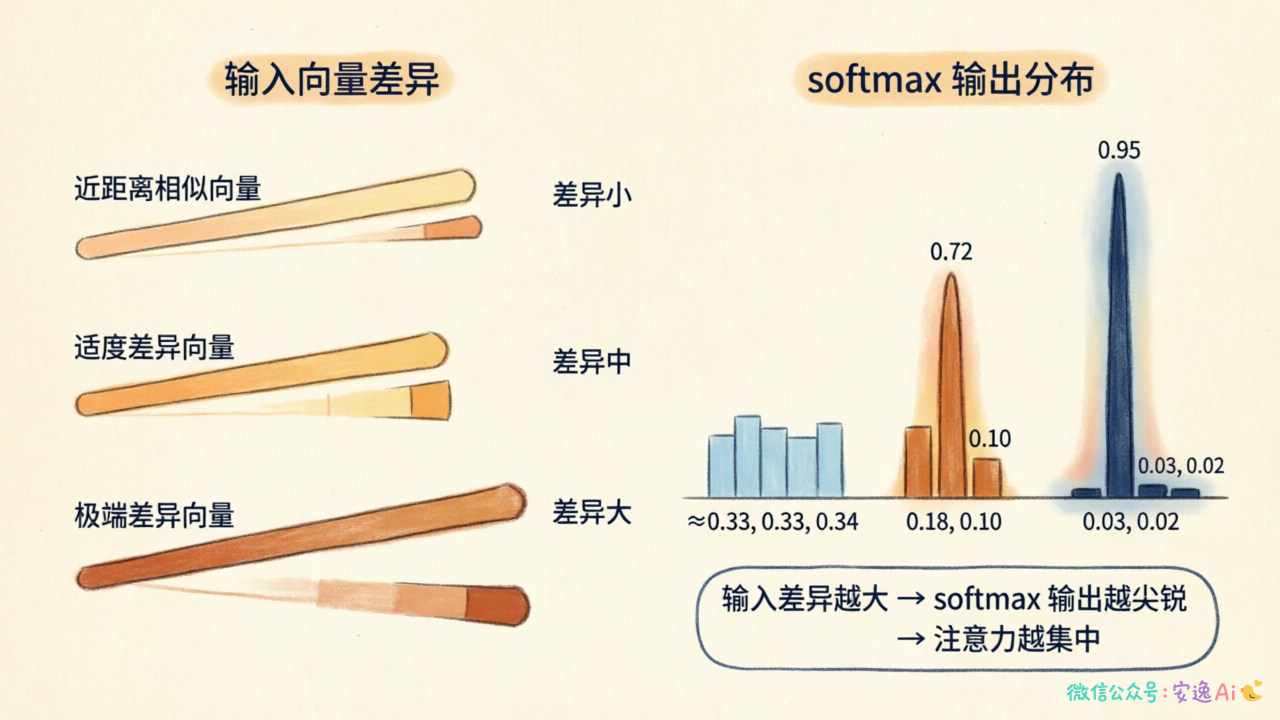 softmax 函数在不同输入下的输出分布图，示意向量差距从小到大的权重变化