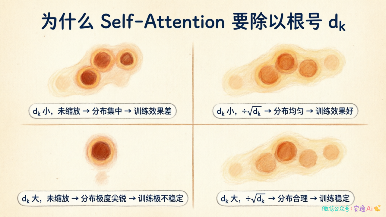 表格形式展示 dk 小/大、除/不除缩放因子时的 softmax 权重分布和训练效果对比