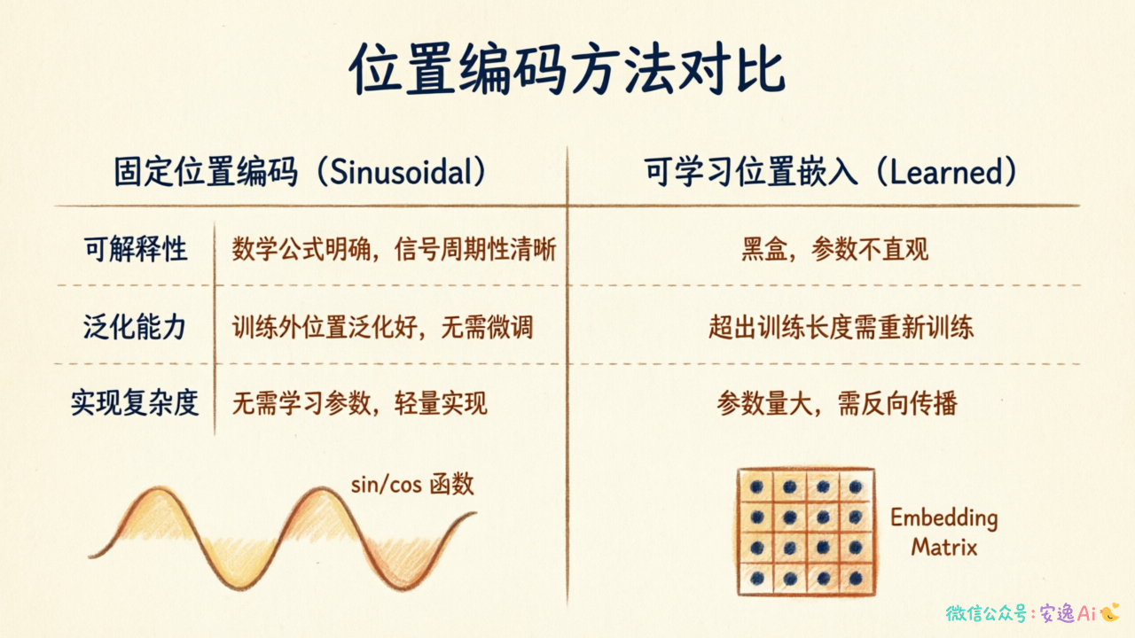 表格对比图展示固定位置编码和可学习位置嵌入在可解释性、泛化能力、实现复杂度方面的差异