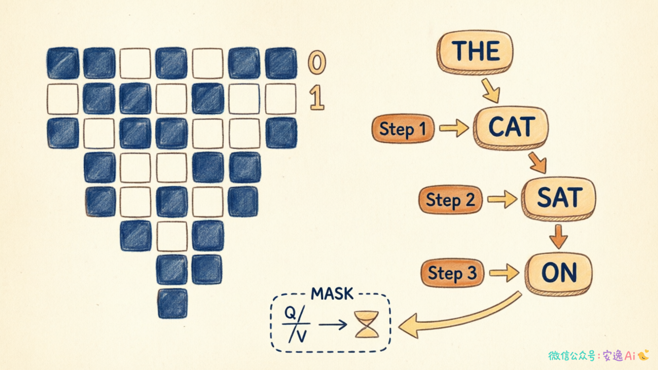Decoder Mask机制与自回归生成示意图，展示下三角Mask矩阵和GPT逐步生成token的过程
