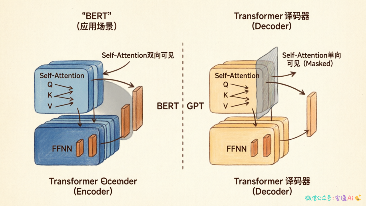 Transformer编码器和译码器内部结构对比图,标注Self-Attention可见范围差异