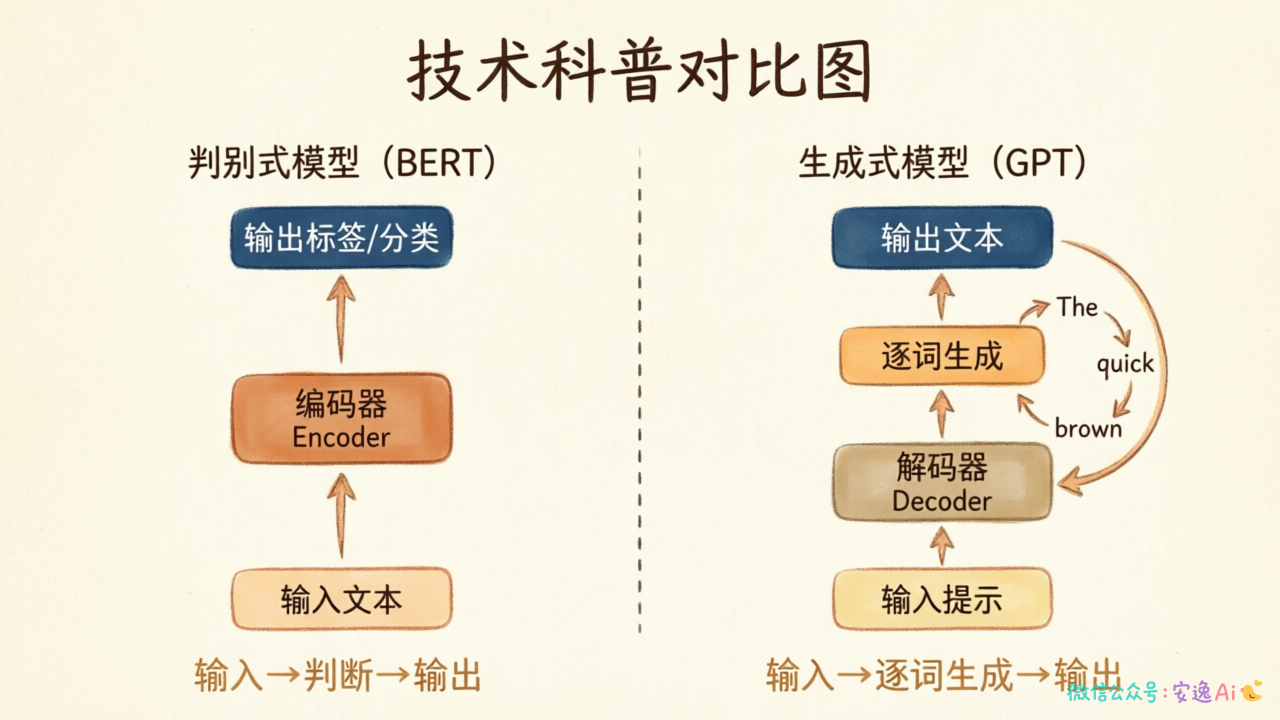 判别式模型(输入→判断→输出)和生成式模型(输入→逐词生成→输出)的工作流程对比
