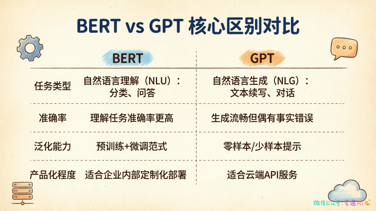 BERT 和 GPT 在任务类型、准确率、泛化能力、产品化程度四个维度的对比表格