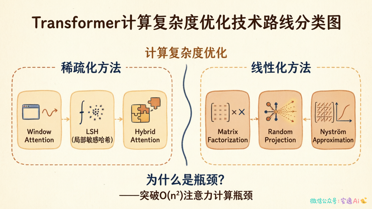 技术路线分类图,左侧稀疏化方法(窗口注意、LSH、混合注意等),右侧线性化方法(矩阵分解、随机投影、Nyström近似等),用不同颜色标注