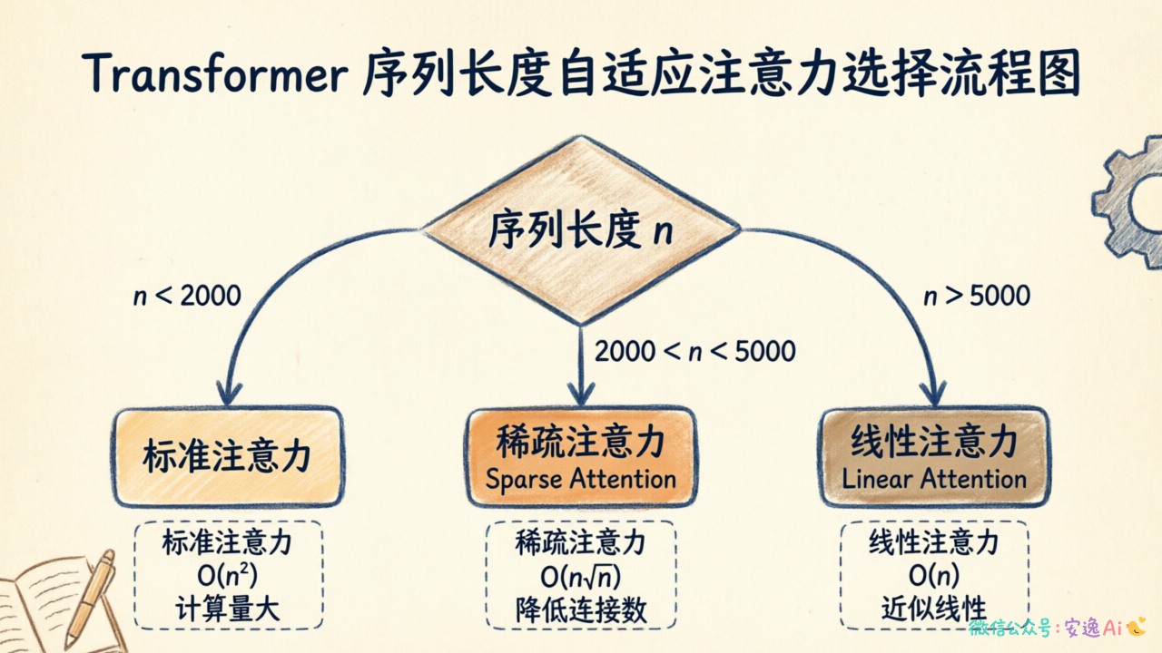 决策流程图展示根据序列长度选择注意力优化方案的判断逻辑:n<2000用标准模型,2000<n<5000用稀疏注意力,n>5000考虑线性注意力
