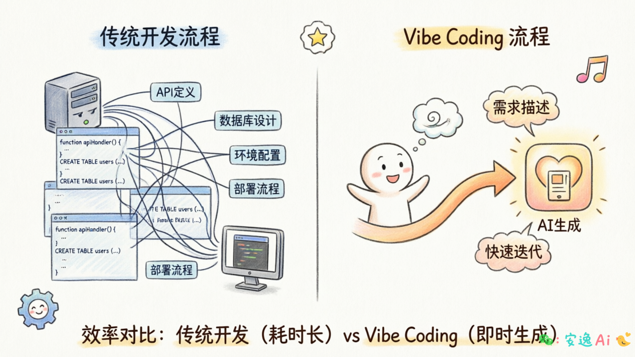 传统开发流程与Vibe Coding流程对比图