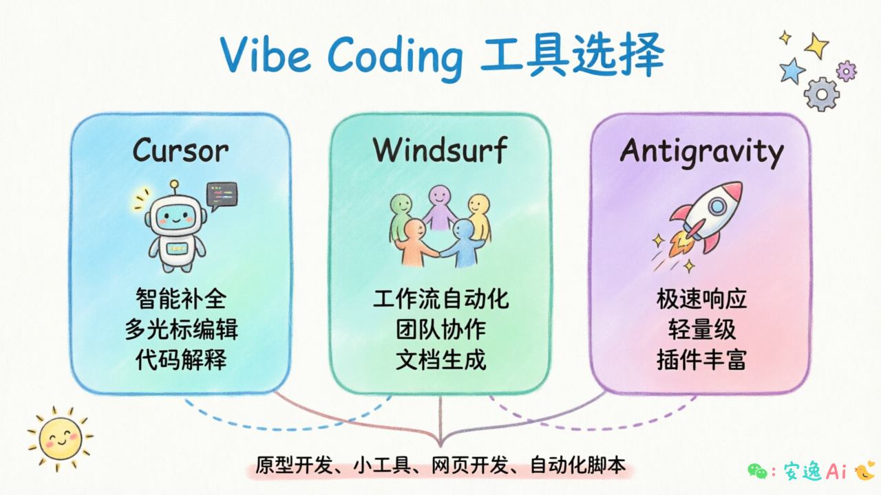 Cursor/Windsurf/Antigravity三款工具特点对比图