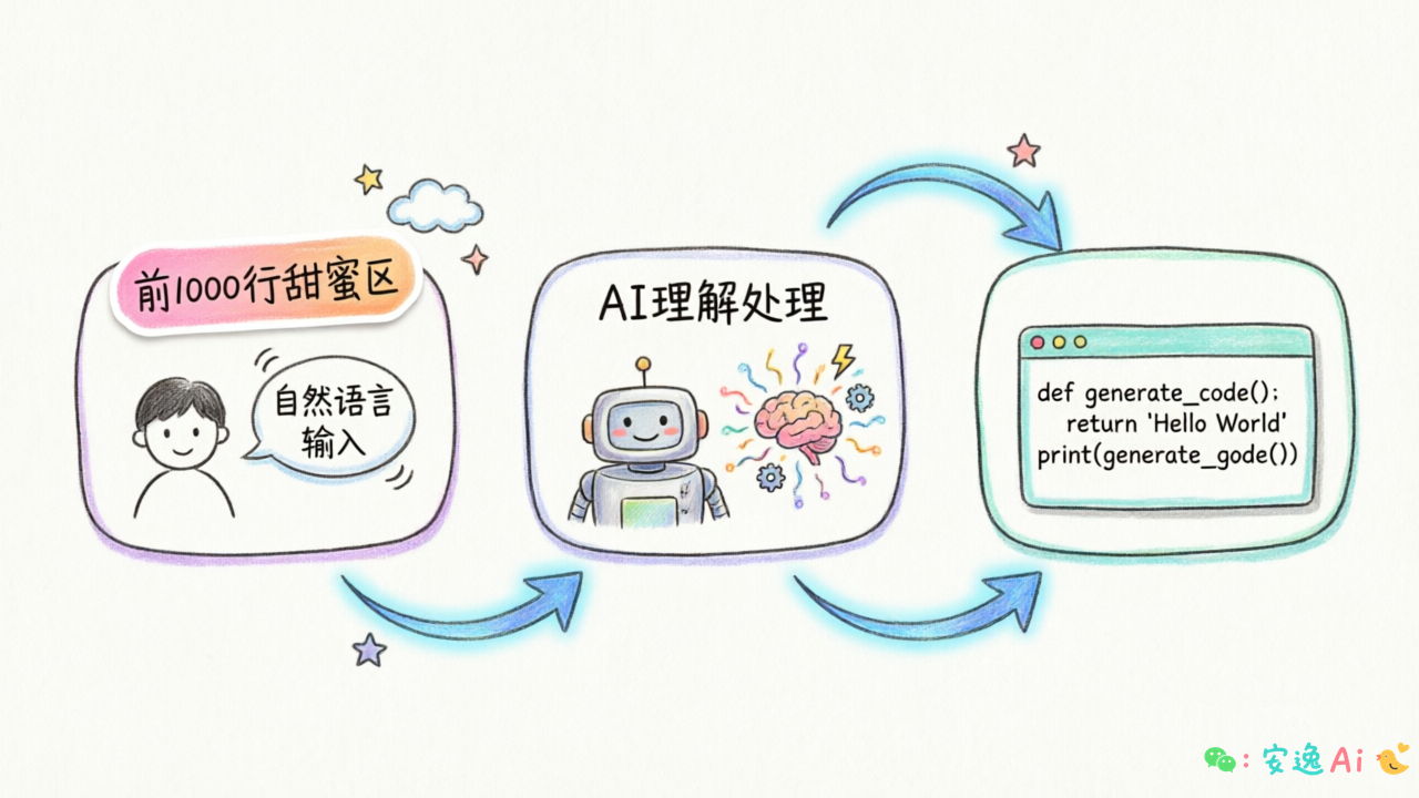 Vibe Coding 工作流程图,展示"自然语言→AI理解→代码生成"三步,标注前 1000 行甜蜜区