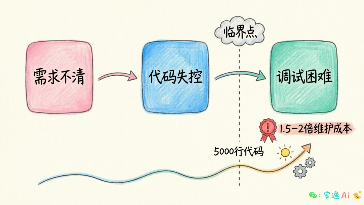 三大坑演进路径图,从需求不清到代码失控到调试困难的三栏流程,含 5000 行临界点和 1.5-2 倍维护成本标注