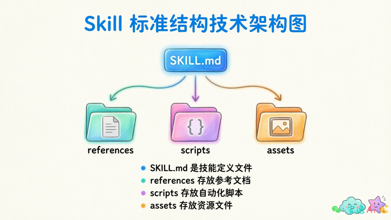 Skill 标准结构图,展示 SKILL.md、references、scripts、assets 四个组件的层级关系